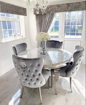 Vienna Round 110cm Grey Marble Dining Table With Lewis Lion Grey Knocker Velvet Chairs
