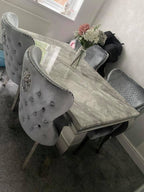 Vienna Grey Marble Top Dining Set With Lewis Lion Knocker Velvet Chairs