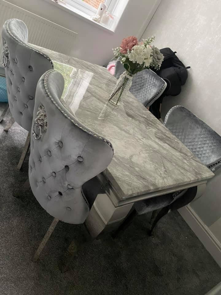 Vienna Grey Marble Top Dining Set With Lewis Lion Knocker Velvet Chairs