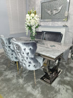 Arianna Marble Dining Table With Lewis Lion Knocker Velvet Chairs