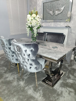 Arianna Grey Marble Top Dining Set With Lewis Lion Knocker Velvet Chairs