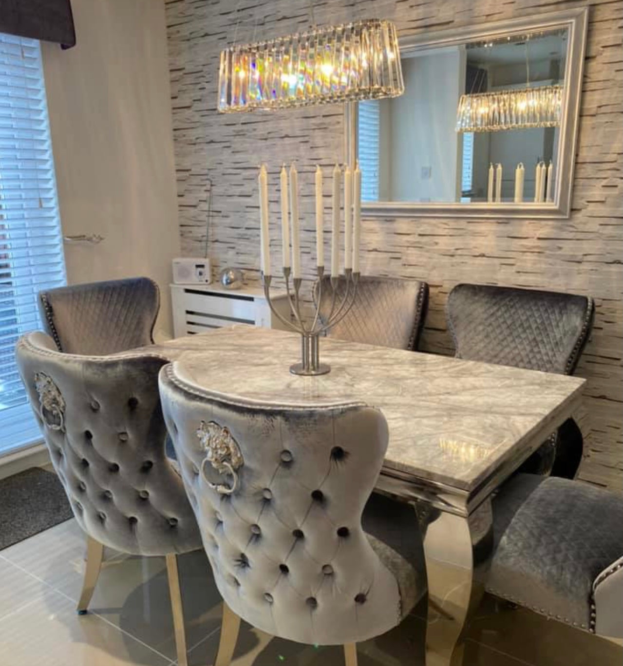 Vienna Grey Marble Top Dining Set With Lewis Lion Knocker Velvet Chairs
