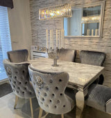 Vienna Ivory Smoke Marble Top Dining Set With Lewis Lion Knocker Velvet Chairs