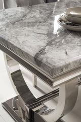 Arianna Grey Marble Dining Table With Venice Lion Knocker Grey Velvet Chairs