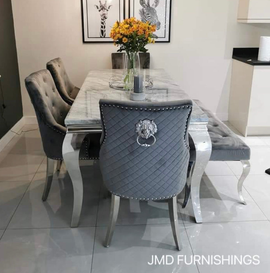 Vienna Marble Dining Table With Venice Lion Knocker Chairs & Bench Option