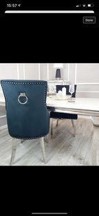 Vienna Grey Marble Top Dining Set With Chelsea Ring Knocker Velvet Chairs