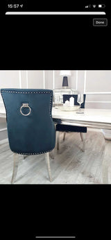 Vienna Grey Marble Top Dining Set With Chelsea Ring Knocker Velvet Chairs