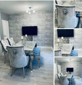 Vienna White Marble Top Dining Set With Silver Venice Lion Knocker Velvet Chairs
