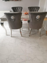 Vienna Grey Marble Top Dining Set With Leather Chelsea Lion Knocker Velvet Chairs