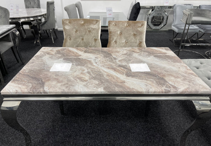 Vienna Brown & Beige Marble Top Dining Set With Cheshire Ring Champagne  Knocker Chairs