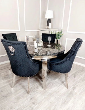 Vienna Black Glass Round Dining Table Set With 4 Bentley Lion Knockerback Chairs