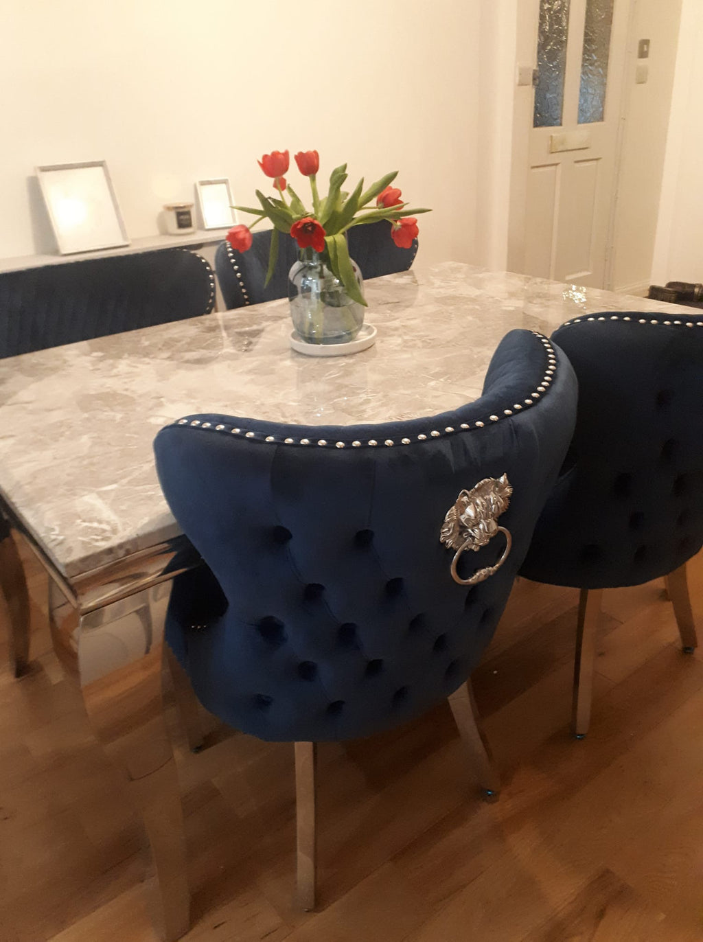 Vienna Marble Dining Table With Lewis Lion Knocker Chairs JMD Furnishings