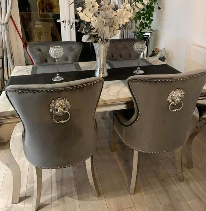 Vienna White Marble Top Dining Set With Chelsea Lion Knocker Chairs