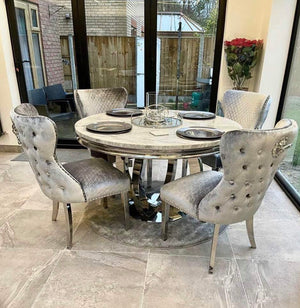 Chelsea Round Marble Dining Table With Lewis Lion Knocker Velvet Chairs