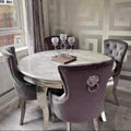 Vienna Round Grey Marble Dining Table With Chelsea Lion Grey Knocker Velvet Chairs