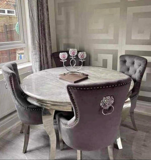 Vienna Round Grey Marble Dining Table With Chelsea Lion Grey Knocker Velvet Chairs