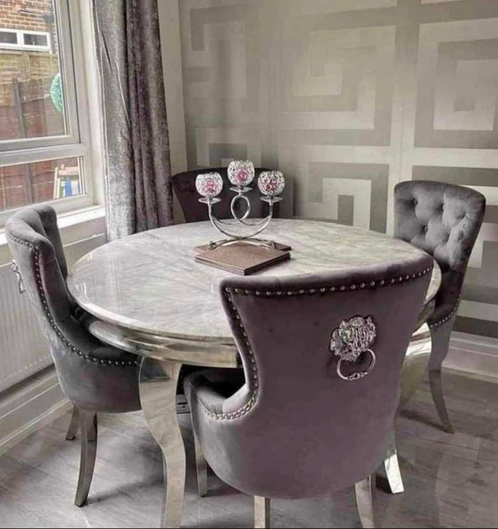 Vienna Round Grey Marble Dining Table With Chelsea Lion Grey