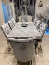 Vienna White Marble Top Dining Set With Silver Venice Lion Knocker Velvet Chairs
