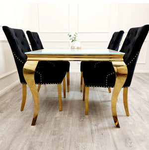 Vienna White & Gold Glass Top Dining Set With Bentle Gold Knocker Velvet Chairs