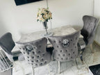 Vienna Ivory Smoke Marble Top Dining Set With Lewis Lion Knocker Velvet Chairs