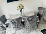 Vienna Ivory Smoke Marble Top Dining Set With Lewis Lion Knocker Velvet Chairs