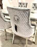 Vienna White Marble Top Dining Set With Silver Venice Lion Knocker Velvet Chairs