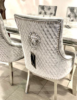 Vienna White Marble Top Dining Set With Silver Venice Lion Knocker Velvet Chairs