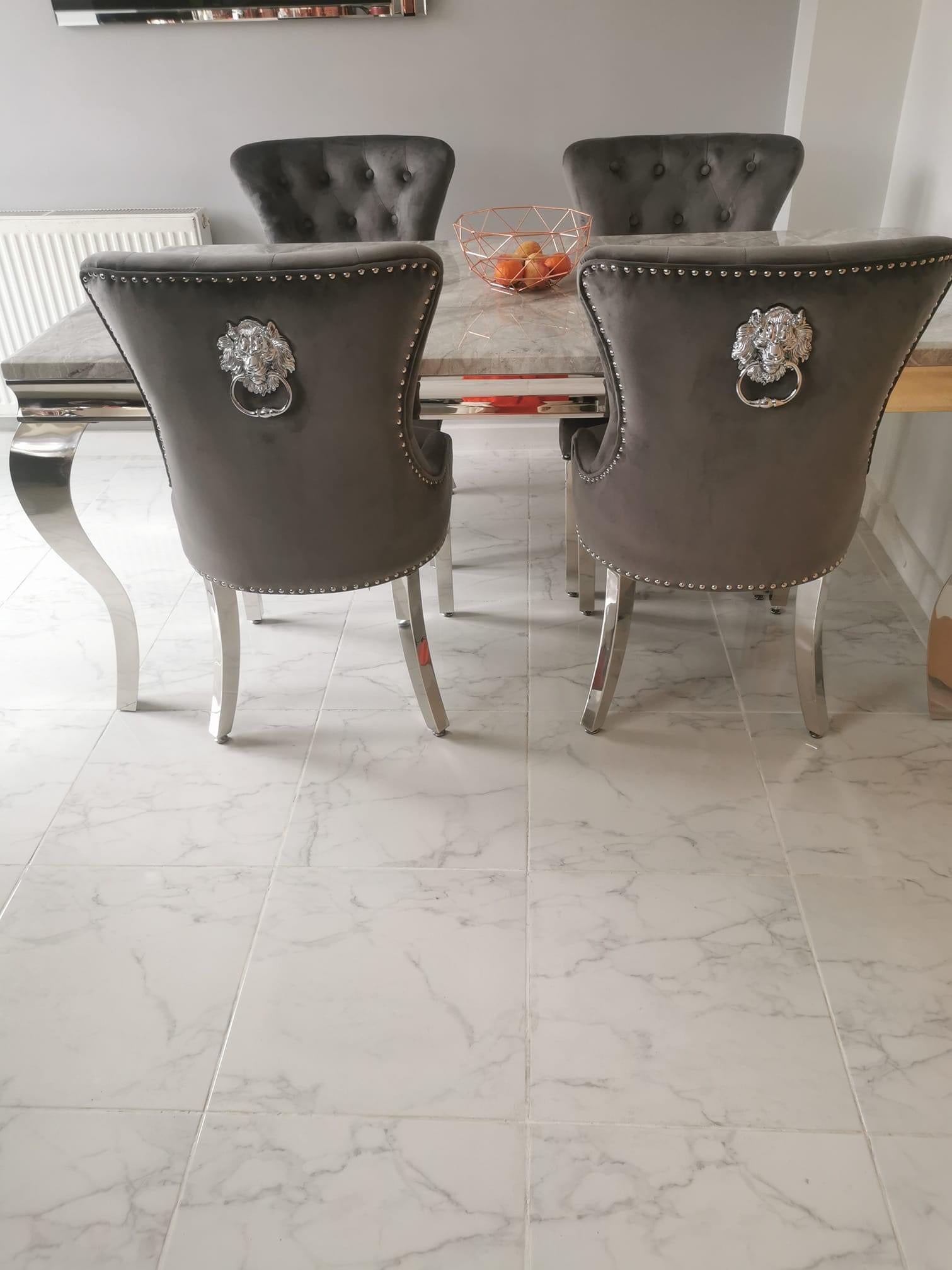 Vienna Marble Dining Table With Chelsea Lion Knocker Velvet Chairs