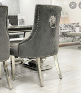 Arianna Grey Marble Dining Table With Venice Lion Knocker Grey Velvet Chairs