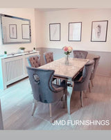 Vienna Grey Marble Top Dining Set With Leather Chelsea Lion Knocker Velvet Chairs