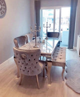 Vienna Ivory Smoke Marble Top Dining Set With Lewis Lion Knocker Velvet Chairs