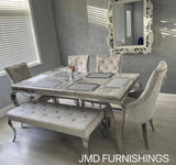 Vienna White Marble Top Dining Set With Silver Venice Lion Knocker Velvet Chairs