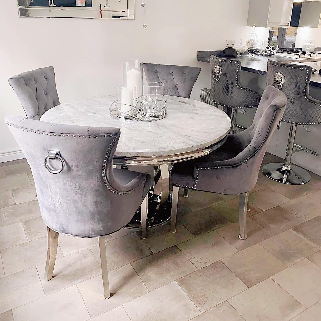 Chelsea Grey Round Marble Dining Set With Chelsea Dark Grey Knocker Velvet Chairs
