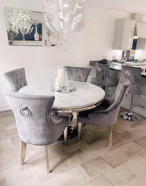 Chelsea Grey Round Marble Dining Set With Chelsea Dark Grey Knocker Velvet Chairs