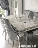 Vienna Cream Marble Top Dining Set With Venice Champagne Knocker Velvet Chairs