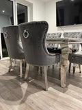 Vienna Grey Marble Top Dining Set With Chelsea Ring Knocker Velvet Chairs