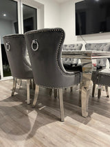 Vienna Grey Marble Top Dining Set With Chelsea Ring Knocker Velvet Chairs