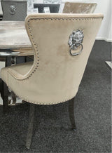 Vienna Cream Marble Top Dining Set With Chelsea Cream Lion Knocker Velvet Chairs