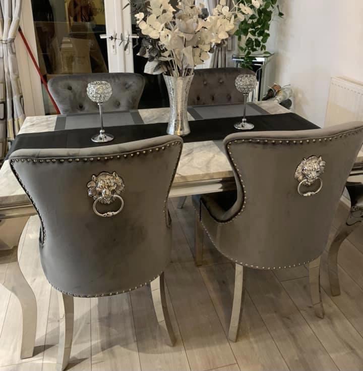 Vienna Grey Marble Top Dining Set With Leather Chelsea Lion Knocker Velvet Chairs
