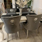 Vienna Grey Marble Top Dining Set With Leather Chelsea Lion Knocker Velvet Chairs