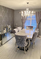 Arianna Marble Dining Table With Lewis Lion Knocker Velvet Chairs