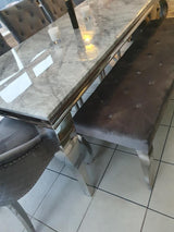 Vienna Cream Marble Top Dining Set With Venice Champagne Knocker Velvet Chairs