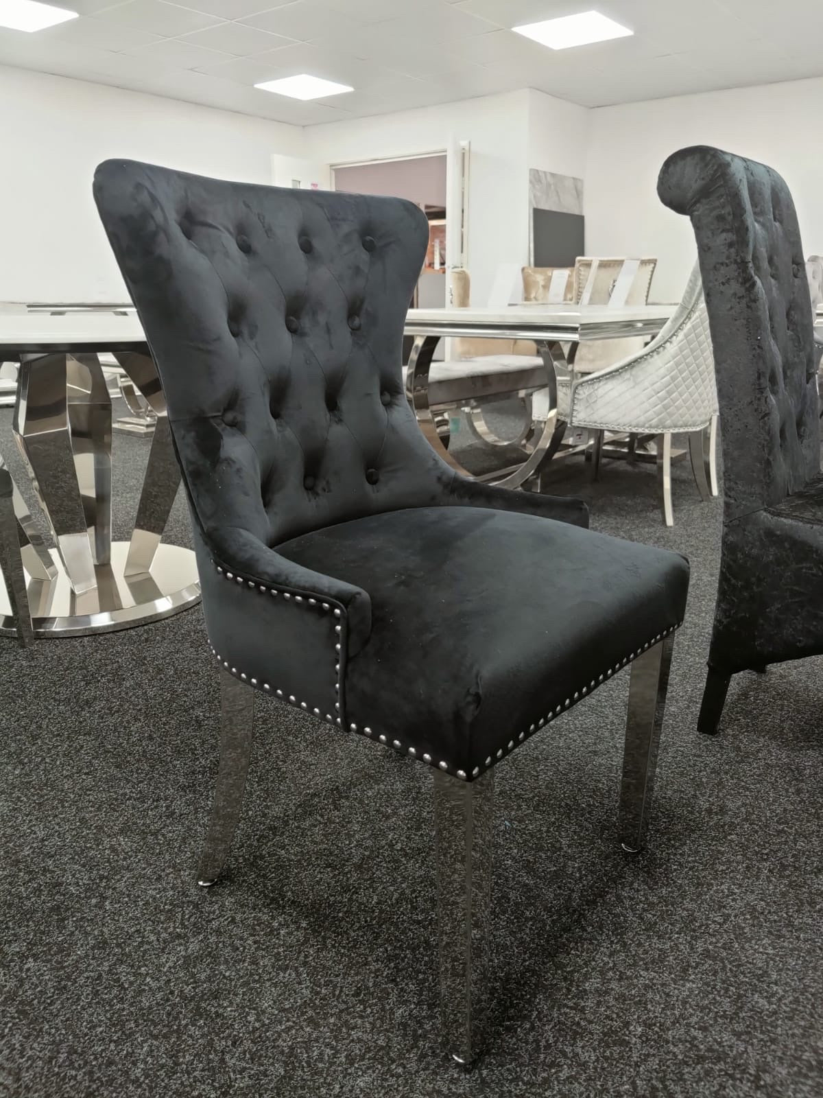 Vienna Grey Marble Top Dining Set With Black Chelsea Lion Knocker Velvet Chairs