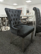 Vienna Grey Marble Top Dining Set With Black Chelsea Lion Knocker Velvet Chairs