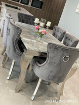 Vienna Grey Marble Top Dining Set With Chelsea Ring Knocker Velvet Chairs