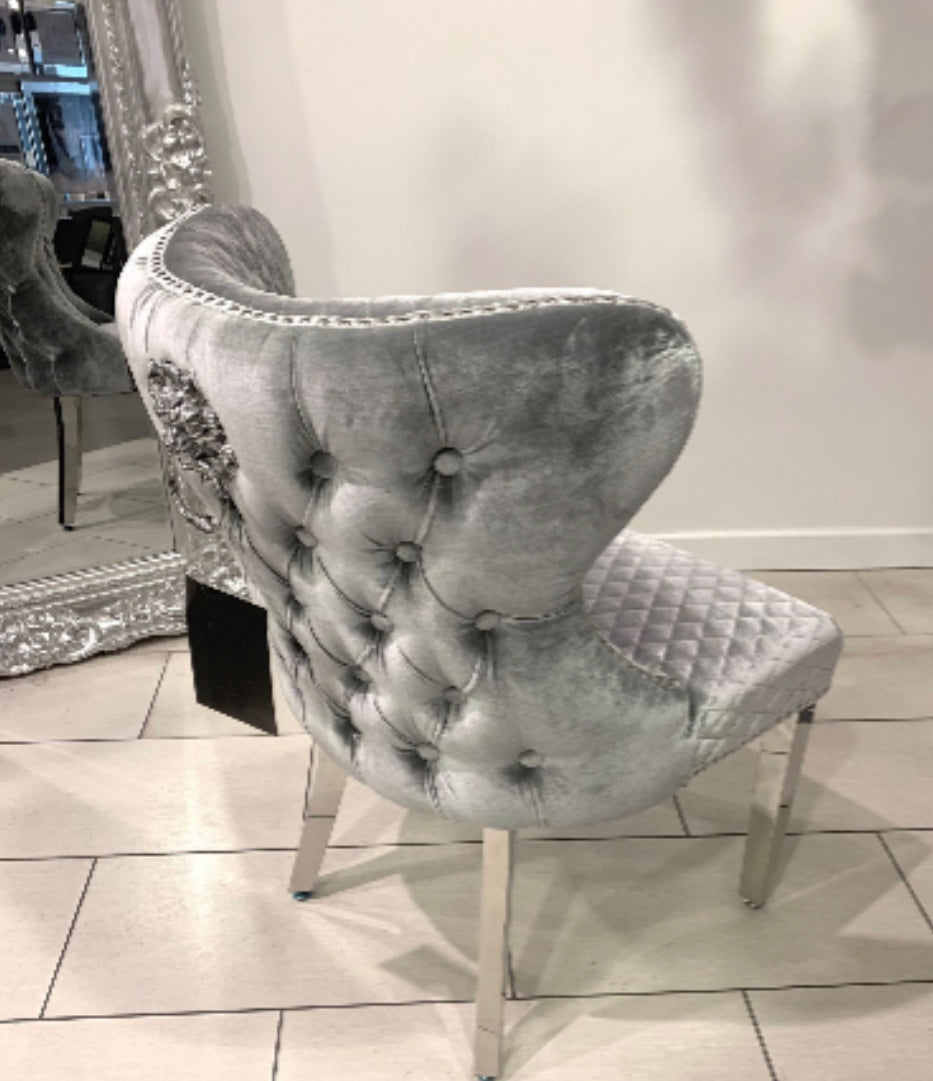 Arial Grey Marble Top Dining Set With Lewis Lion knocker Velvet Chairs