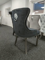 Vienna Grey Marble Top Dining Set With Black Chelsea Lion Knocker Velvet Chairs