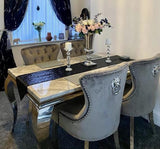 Vienna Grey Marble Top Dining Set With Leather Chelsea Lion Knocker Velvet Chairs