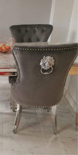 Windsor Grey Round Marble Top Dining Set With Chelsea Lion Knocker Velvet Chairs