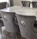 Arial White Marble Top Dining Set With Chelsea Lion knocker Chairs